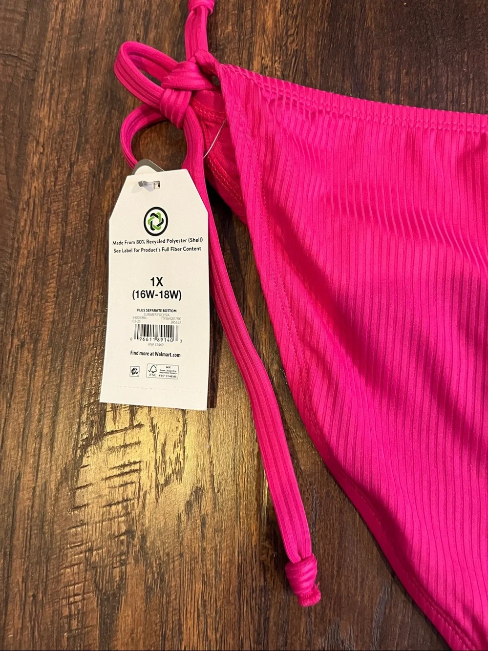 Time and Tru Women's Rib Side Tie Bikini Swim Bottom Size 1X (16W-18W) Fuchsia